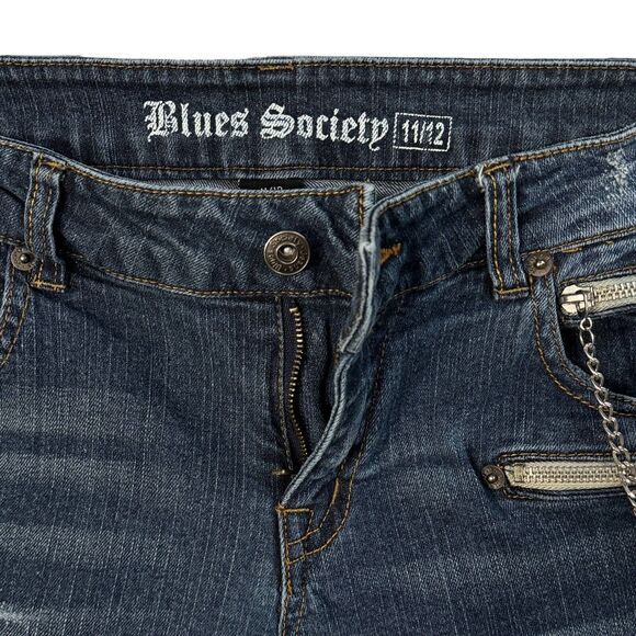 Blues Society JRS SZ 11/12 Jeans Low-Rise Distressed Zip Ankles Chain Dark Wash - Picture 9 of 12